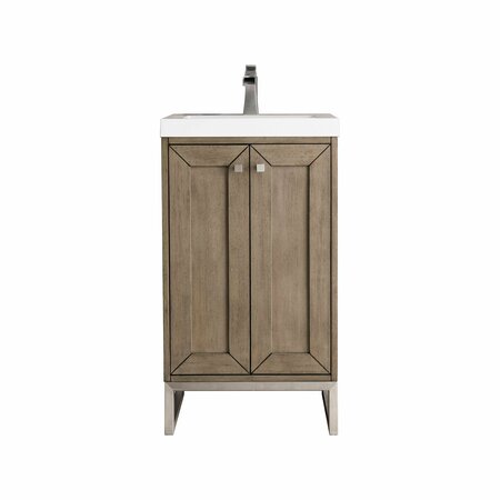 JAMES MARTIN VANITIES Chianti 20in Single Vanity, Whitewashed Walnut, Brushed Nickel, w/ White Glossy Composite Stone Top E303V20WWBNKWG